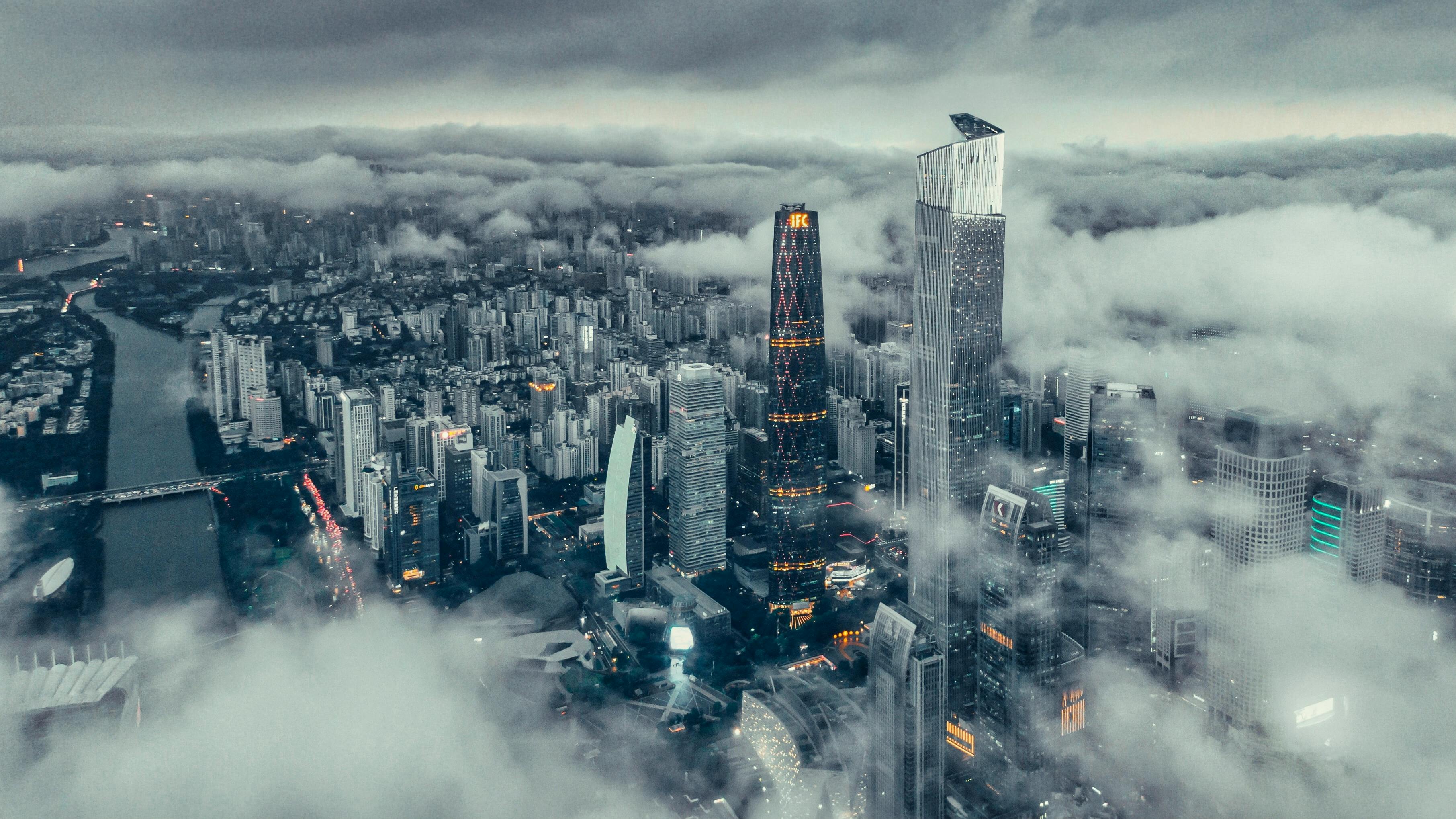 City skyline through clouds
