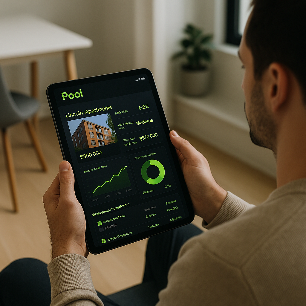 Person using Pool app on tablet showing investment dashboard
